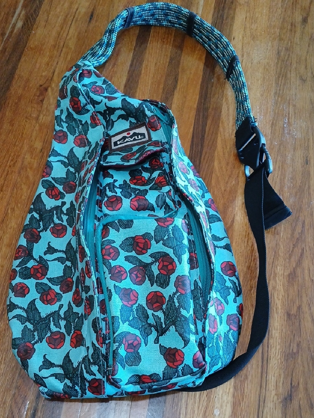 KAVU Teal Floral Sling Bag with Red Rose Print